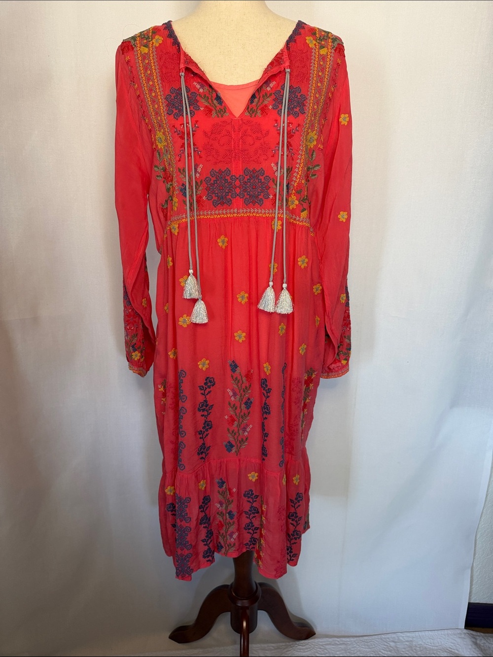 Johnny Was Margot Embroidered Tassel Peasant Midi Dress Coral Red Boho